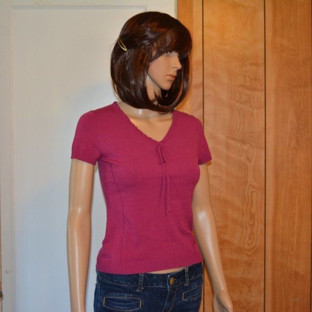 Burberry London Pink Knit Short Sleeve Top – V-Neck Tie Detail – Size 1